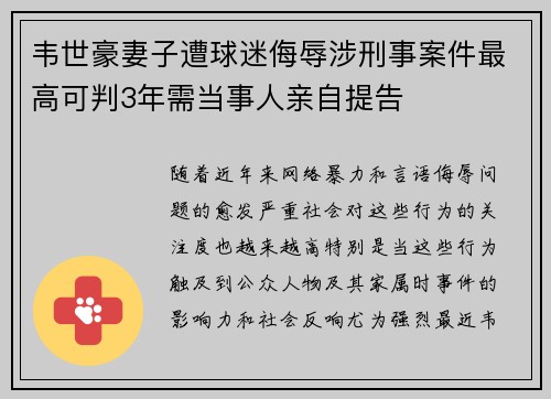 韦世豪妻子遭球迷侮辱涉刑事案件最高可判3年需当事人亲自提告